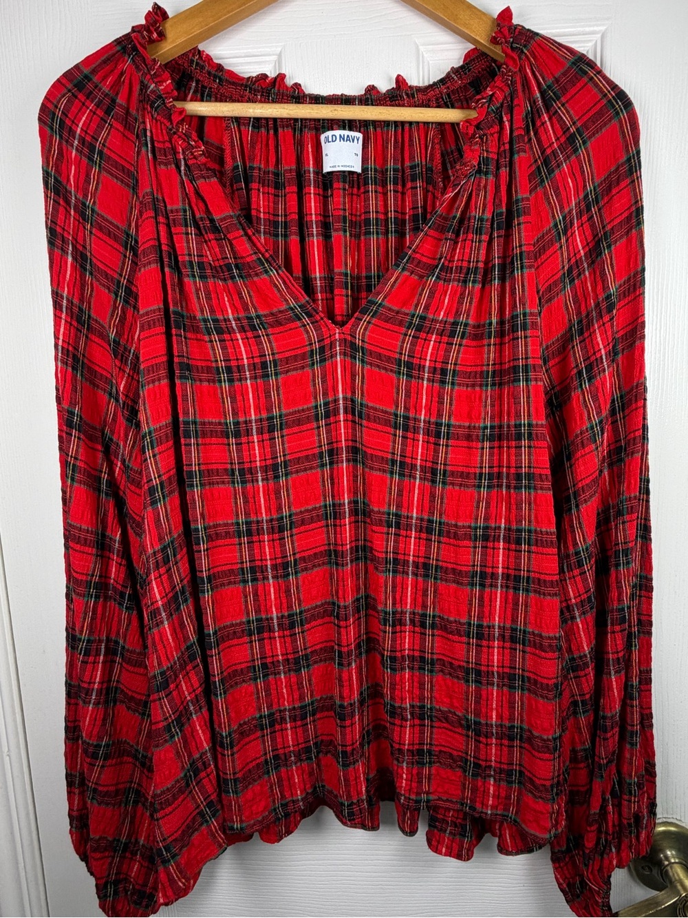 Old Navy Red Tartan Peasant Top Women's XL Plaid Cottagecore Holiday Boho